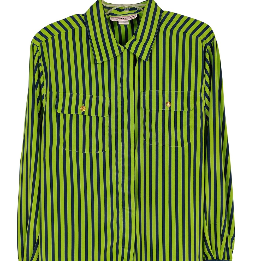 Westbound Womens SZ 16 Striped Button Down Blouse Green Blue Preppy Academia
